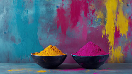 Festive display of two bowls of powdered hues, placed on a bold contrasting background with creative splashes of color.の素材