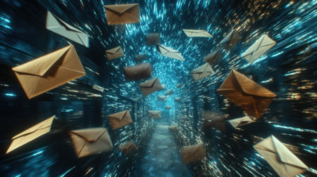 Envelopes fly against a glowing blue backdrop, highlighting the speed of digital communication.の素材