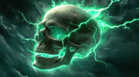 Skull art featuring electrifying green lightning bolts, emphasizing the dramatic contrast and intricate textures.の素材