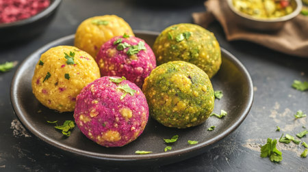 Plate of Motichoor laddoos with vibrant colors and rich textures, highlighting their traditional preparation and festive appeal.の素材