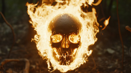 Fire encircles a human skull, illuminating its contours and casting dynamic shadows for a haunting composition.の素材