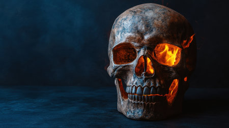 Realistic skull illuminated by vibrant fire, showcasing its textures and dramatic contours on a dark background.の素材