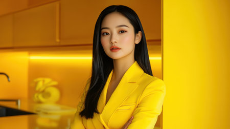 A confident Asian woman in a stylish yellow outfit poses in a modern office setting, radiating charisma and professionalism for an advertising conceptの素材