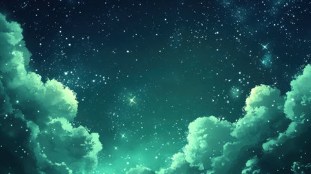 A charming night sky backdrop with a soothing green theme, featuring adorable stars and clouds in comic art style, ideal for enhancing artistic projects and designs.の素材