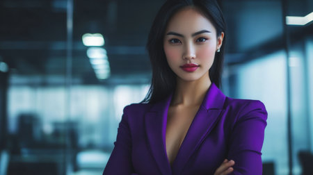 A confident Asian woman with black hair in purple formal attire stands elegantly in a modern office setting, exuding professionalism for an advertising concept.の素材