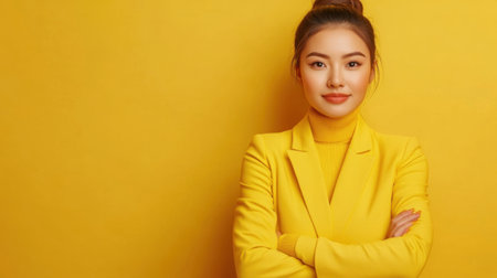 A confident Asian woman in yellow attire stands against a stylish office backdrop, ready for a promotional campaign with space for advertising text.の素材