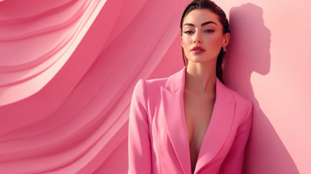 A confident Caucasian woman in pink attire stands against a stylish office backdrop, ready for a promotional campaign with space for advertising text.の素材