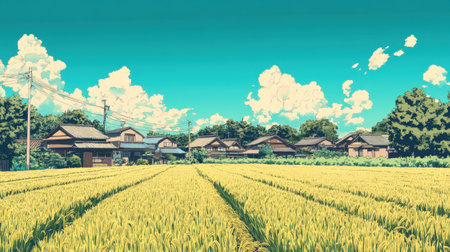 A colorful retro anime illustration featuring a rural rice field with traditional Japanese houses in the background, evoking a sense of peace and harmony.の素材