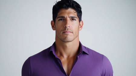 A confident Hispanic man with black hair in a stylish purple shirt poses straight against a plain white background, exuding professionalism for an advertising concept.の素材