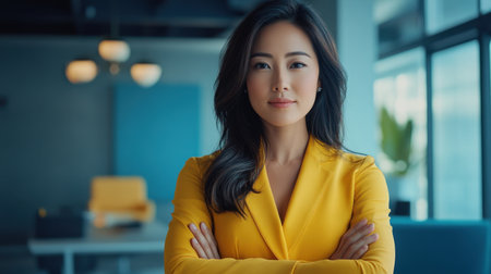 A confident Asian woman in a stylish yellow outfit poses in a modern office setting, radiating charisma and professionalism for an advertising conceptの素材