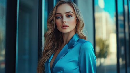 A confident Caucasian woman in a stylish blue outfit poses against a modern office backdrop, radiating professionalism and charisma for advertising purposes.の素材