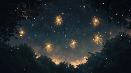 A lively anime background showcasing an impressive gold fireworks show against a starry dark sky, ideal for adding a festive touch to any creative work.の素材