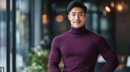 A confident Asian man in a stylish purple outfit poses in a modern office setting, exuding charisma and professionalism, ideal for advertising concepts.の素材