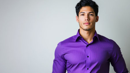 A confident Hispanic man with black hair in a stylish purple shirt poses straight against a plain white background, exuding professionalism for an advertising concept.の素材