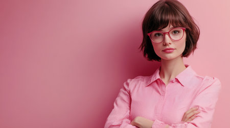 A confident Caucasian woman in pink attire stands against a stylish office backdrop, ready for a promotional campaign with space for advertising text.の素材