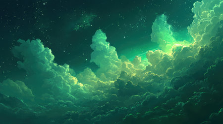 A dreamy green-themed night sky background filled with cute stars and fluffy clouds, illustrated in a comic art style, perfect for creating a whimsical atmosphere.の素材