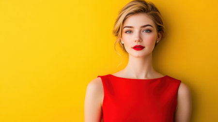 A poised young Caucasian woman in red office wear stands confidently against a stylish backdrop, ready for a marketing campaign with room for text.の素材