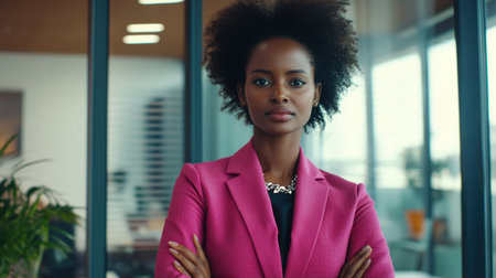 A poised African woman in pink formal wear stands confidently against a modern office backdrop, conveying style and professionalism for marketing purposes.の素材