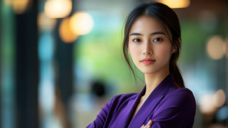 A model portrait of a confident Asian woman in purple attire, radiating elegance and professionalism in a contemporary office environment, ideal for marketing.の素材