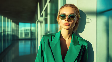 A portrait of a twenties Caucasian woman in stylish green attire, radiating confidence against a modern office backdrop, ideal for a promotional concept with space for text.の素材