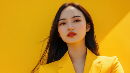 A model portrait of a young Asian woman in yellow office wear, exuding confidence and style, with space for text in an ad campaign.の素材