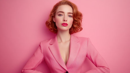 A model portrait of a twenties Caucasian woman in pink office wear, radiating confidence and elegance, with space for text in an ad campaign.の素材