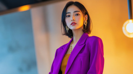 A portrait of an adult Asian woman dressed in stylish purple office wear, showcasing her confidence against a chic office backdrop, perfect for promotional use.の素材
