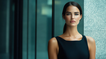 A poised twenties Caucasian woman in a sleek black dress stands against a professional office background, exuding confidence and grace, ready for an ad concept with space for text.の素材