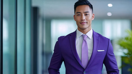 A portrait of a twenties Asian man dressed in elegant purple attire, standing confidently against a sleek office background, perfect for promotional use.の素材