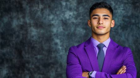 A model portrait of a young Asian man in purple business wear, radiating confidence and style, with space for text in an advertising concept.の素材