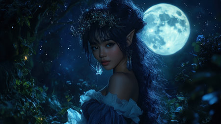 A supernatural anime character, a fairy witch with sparkling hair, poses confidently in a moonlit glade, surrounded by twinkling stars and enchanting flora.の素材