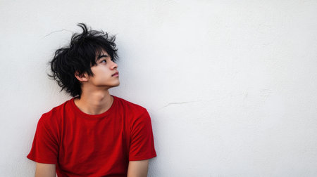 A striking portrait of a teenage East Asian man with black hair wearing a vibrant red shirt, standing confidently against a white wall, perfect for an advertising concept with space for text.の素材