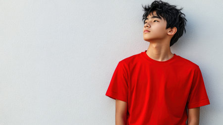 A striking portrait of a teenage East Asian man with black hair wearing a vibrant red shirt, standing confidently against a white wall, perfect for an advertising concept with space for text.の素材