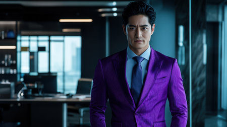 A portrait of a twenties Asian man dressed in elegant purple attire, standing confidently against a sleek office background, perfect for promotional use.の素材