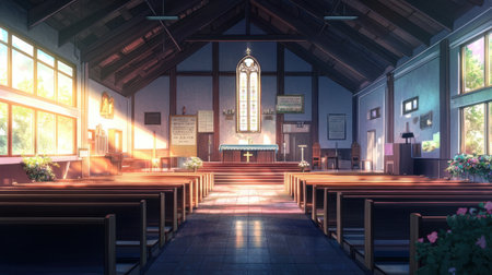 A stunning anime-inspired urban church sanctuary, featuring a unique blend of traditional and modern elements, ideal for enhancing artistic projects.の素材