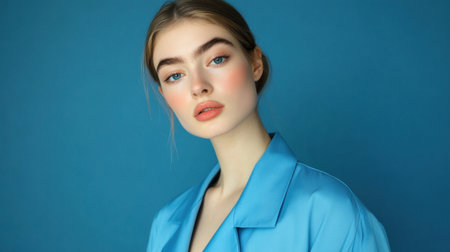 A model portrait of a young Caucasian woman in blue office wear, exuding confidence and style, ready for advertising with space for text.の素材