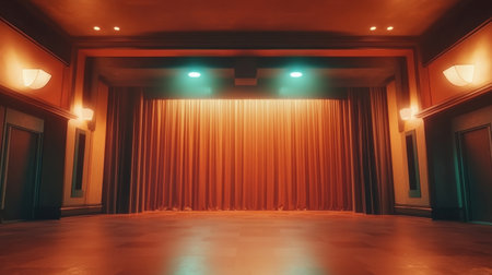 A vibrant theater stage scene with elegant orange curtains and captivating spotlights, perfect for setting a dramatic tone in creative illustrations and designsの素材