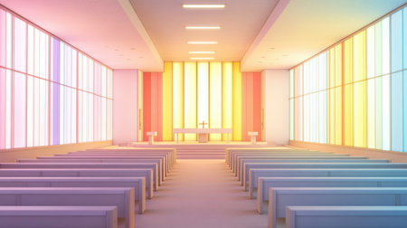 A vibrant anime-style interior of a contemporary urban church sanctuary, showcasing artistic elements and a serene atmosphere, ideal for creative projects.の素材