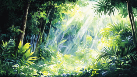 A vibrant retro anime jungle background, featuring playful colors and charming details, perfect for enhancing visual storytelling and creative designs.の素材