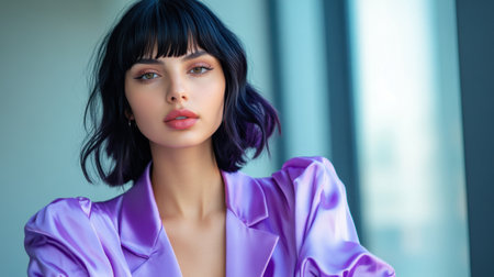 An empowered woman with black hair in a polished purple outfit poses in a sleek office, ready for a promotional campaign with space for advertising text.の素材