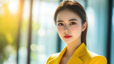 A portrait of a twenties Asian woman dressed in elegant yellow attire, showcasing her confidence against a chic office background, perfect for promotional use.の素材