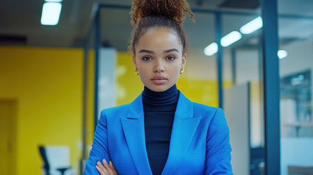 An empowered young woman in a blue business attire stands in a contemporary office, showcasing confidence and style with a clear space for advertising text.の素材
