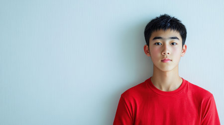 An appealing portrait of a teenage East Asian boy in a stylish red shirt, standing against a plain white wall, perfect for an advertising campaign with room for text.の素材