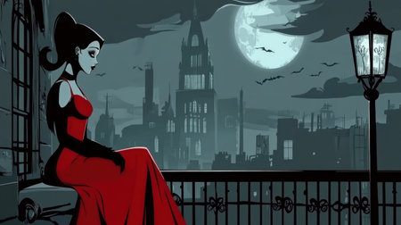 Cartoon vampire girl in red dress, dark city night with gothic allure and sultry, mysterious styleの素材