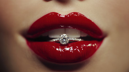 Close-up of woman's lips with red lipstick, diamond ring between lips, luxurious and bold fashion shotの素材