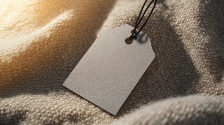 Clothing tag mockup with simple, clean label, rounded edges, set on a natural cotton fabric background with soft lightingの素材