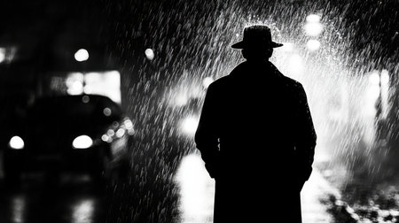 Dark silhouette of male figure in hat and coat on rainy night street, ominous and suspensefulの素材