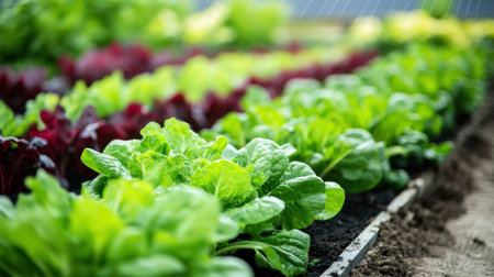 Field of vegetables growing under solar panels, highlighting sustainable farming and clean energy technology togetherの素材