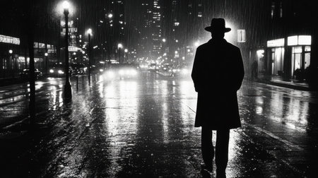 Silhouette of man in hat and coat at night, street lights casting rain-soaked shadows, dark and forebodingの素材