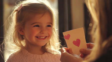 Smiling child giving a handmade Valentine card to a parent, capturing a heartfelt family moment on Valentine Dayの素材